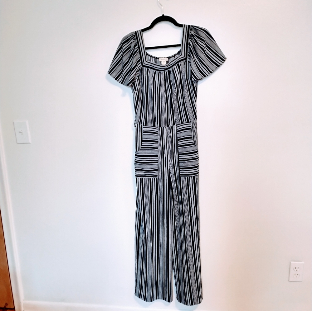 Monteau blue striped jumpsuit with flutter sleeves and square neckline.  Has poc